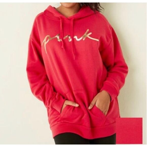 PINK VS - Fleece Pullover Campus Hoodie - Medium/ Red/Gold print - Picture 1 of 12